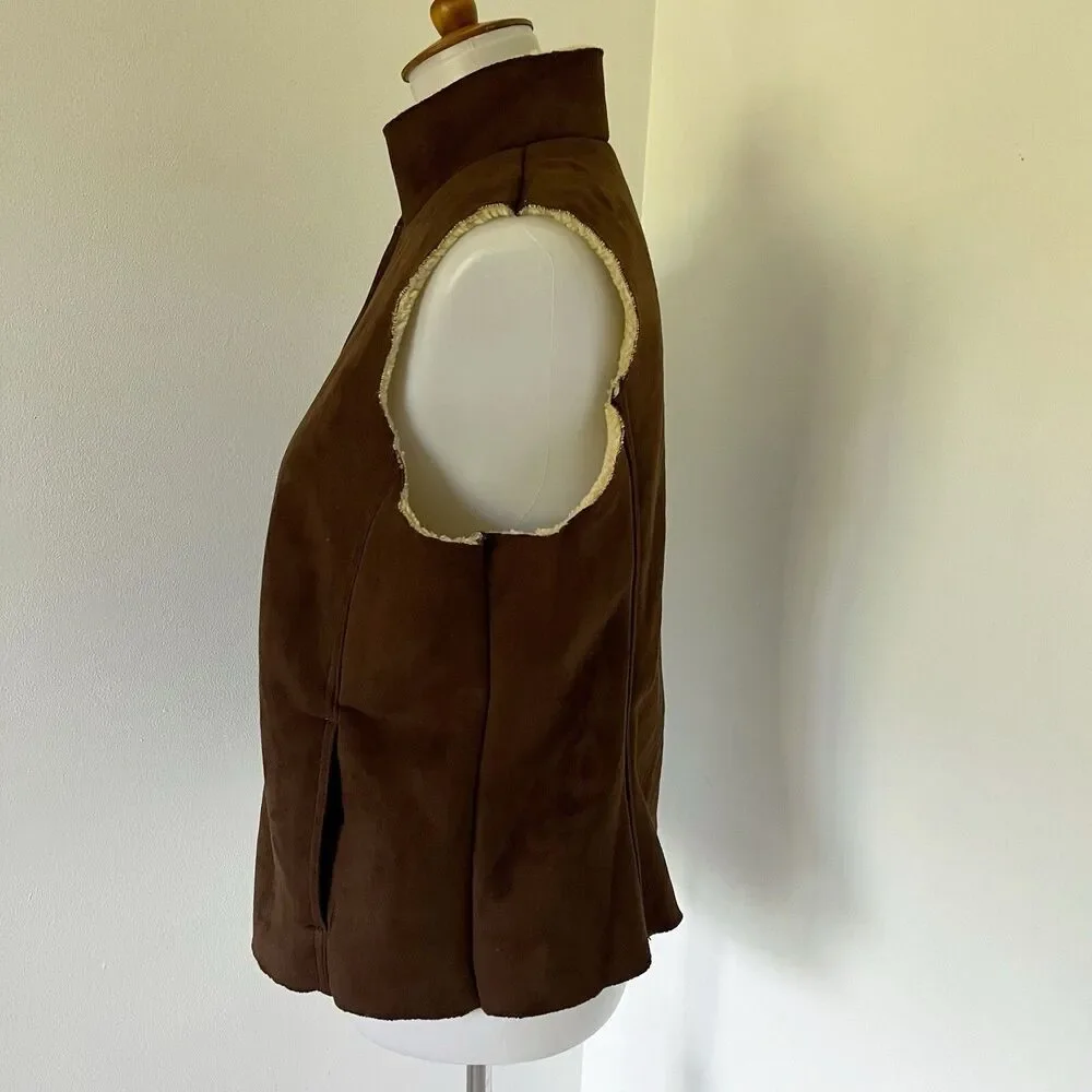 Sherpa Lined Lands End Zip Up Faux Suede Warm Vest Size M/P Medium Petite Brown